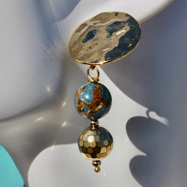 Denim Blue,Gold Earrings,Fabulous 1" Round Textured Gold Plated Studs Hypoallergenic, Blue & Brown Veined Agate,Faceted Gold Hematite,2 1/3"