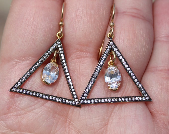 Triangle CZ Pave Earrings,Pave Cubic Zirconia Hollow Triangle Pendants With Cubic Zirconia Charm In Center,24 K Gold Filled Ear Wires,1 12