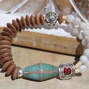 Green,Red,Brown,White Bracelet, Sea Foam Green And Red Glass Bead, Wood Saucer Beads, 2 Rows Of White Agate Gemstones, Silver Accents,6 1/2&quot;