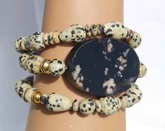 Dalmatian Jasper 3 Bracelet Set,Black & Sand Color Agate Focal Bead, 4 Styles Black of Spotted Sand Color Dalmation Jasper, Gold, Stretch 7"