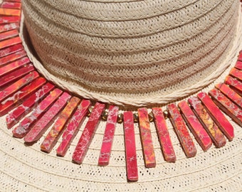 Pink and Orange Jasper Bib Necklace - Statement  - Graduated Rectangle Long Stick Slab Jasper Gemstones - 18 1/2"