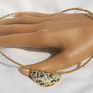 Dalmatian Jasper,Gold Necklace, Gold Bezel Oatmeal & Black Spotted Half-Moon Dalmatian Jasper Pendant,Metallic Gold Glass Seed Beads,16 1/4&quot;