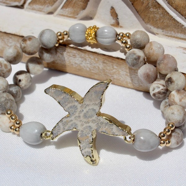 Starfish Fossil Agate Bracelet,Oyster Color Fossil Agate Starfish & Druzy Agate Gemstones, Seed Beads, 14 K Gold Accent Beads,Stretch 7 1/2"