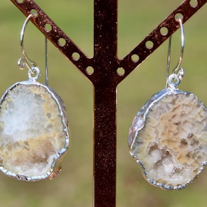 May include: A pair of silver-toned dangle earrings. Each earring features a natural, oval-shaped stone with a white and tan color scheme, encased in a silver metal frame. The earrings are displayed on a copper-colored stand.