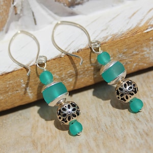 Green Sea Glass,Silver Earrings,Recycled Caribbean Green Sea Glass, Sterling Silver Flower Beads & Caps, Elongated Sterling Silver Hooks, 2&quot;