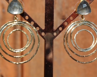 Gold Hoops, Smoky Crystal Earrings, Shiny Gold Concentric Circles Dangling from Faceted Smoky Crystal, Gold Bezel Stud Post, 1 3/4" x 1 1/8"