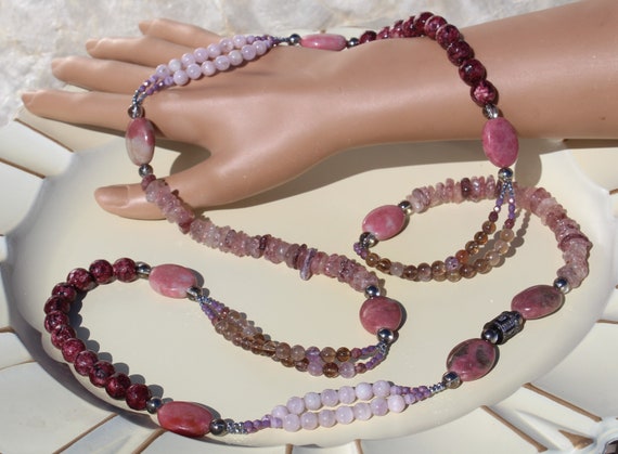 Long Gemstone Necklace, Rhodonite, Lepidocrocite Quartz, Auralite, Kunzite, Mystic Quartz, 43-inches