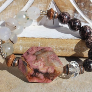 Unique Valentine Bracelet, Pink/Brown/Black Rhodonite Focal Slab, Two Strand Design Of Milky Flower Agate.Black/Brown Jasper, Stretch,6 1/2&quot;