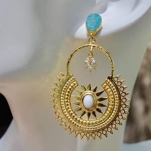 Gold Chandelier Earrings, Blue Druzy Agate Studs, Fancy Gold and White Agate Chandelier Pendants, Marquies Cubic Zirconia Dangles, 2 1/2"
