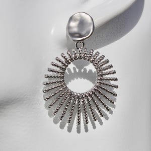 Silver Sun Ray Earrings, Matte Silver Plated Studs,Hypoallergenic Sterling Silver Posts, Silver Plated Brass,Open Sunburst Pendants,  1 7/8&quot;