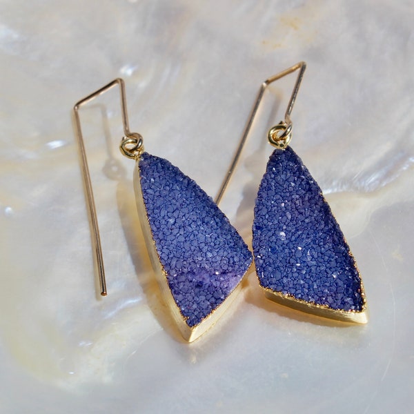 Royal Blue Druzy Agate Eattings,Flattering Shape Gold Electroplate Sugar Druzy Agate Pendants,Artisan 14K Gold Filled Elongated Hooks,1 3/4"