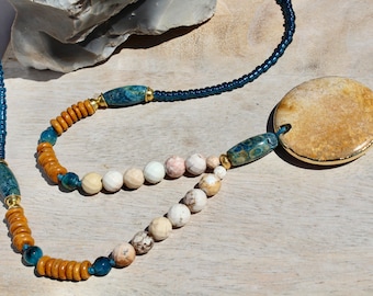 Boho Fossil Agate Necklace,Golden Brown Fossil Agate Pendant,Blue Fossil Agate,Neutral Crazy Lace Agate, Blue Apatite,Wood,Gold Accents, 32"