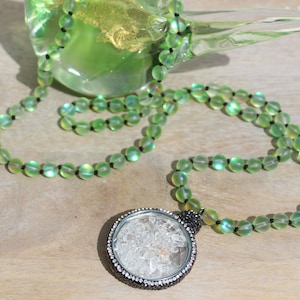 Green Moonstone Pendant Necklace,Crystal Pave Edged-Bevel Glass Window Pendant-Filled With Crystal Quartz Pebbles,Moonstone Glass Beads, 38&quot;