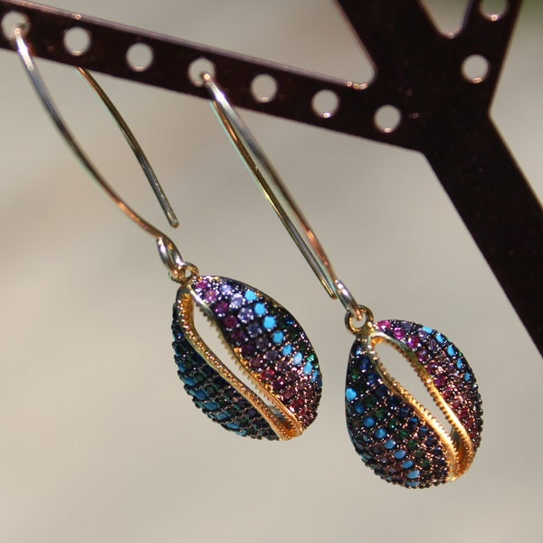 MultiColor CZ Pave Shell Earrings,Royal Blue,Turquoise,Green,Fuchsia,Clear Crystal Pave Shell Design Charm,Elongated Gold Open Hoops,1 3/4"