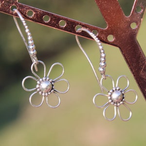 Sterling Silver Flower Earrings,Artisan Sterling Silver Granulated Ear Wires and Flower Drop Pendants,Go To Everyday Earrings,Perfect 1 1/4&quot;