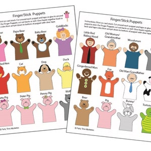 May include: Printable finger puppet templates featuring characters like Mama Bear, Papa Bear, Baby Bear, Goldilocks, The Little Red Hen, Cat, Dog, Duck, and more. The puppets are designed to be cut out and attached to popsicle sticks for use in storytelling or play.