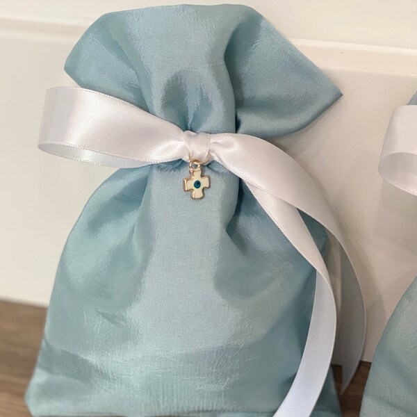 Blue taffeta bombonieres, baptism favors