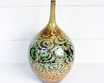 Vintage Handmade Vu Thang Tan & Seafoam Pottery Vase