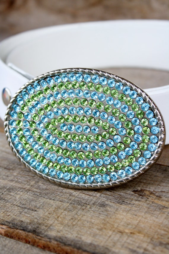 Vintage Aqua & Green Rhinestone Belt Buckle with … - image 1