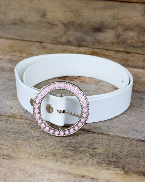 Vintage Pink Rhinestone & White Leather Belt - image 1