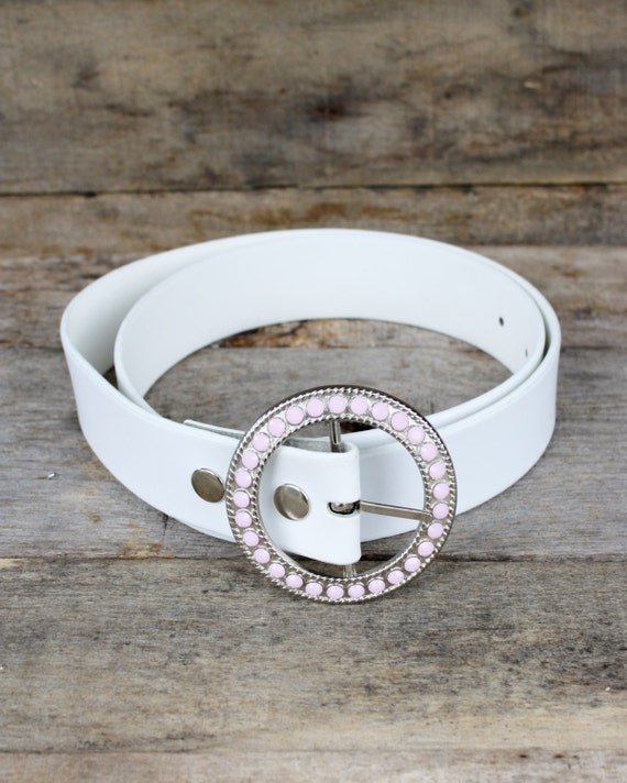 Vintage Pink Rhinestone & White Leather Belt - image 2