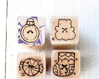 Vintage Holiday Button Rubber Stamp Set of Four