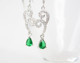 Vintage Emerald & White Topaz Sterling Silver Earrings