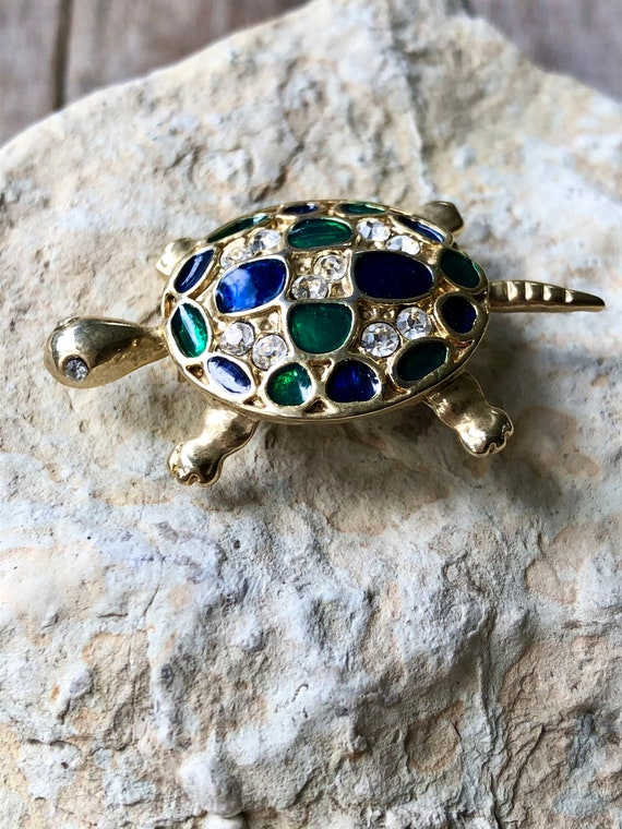 Vintage Blue & Green Enamel Turtle Brooch - image 1