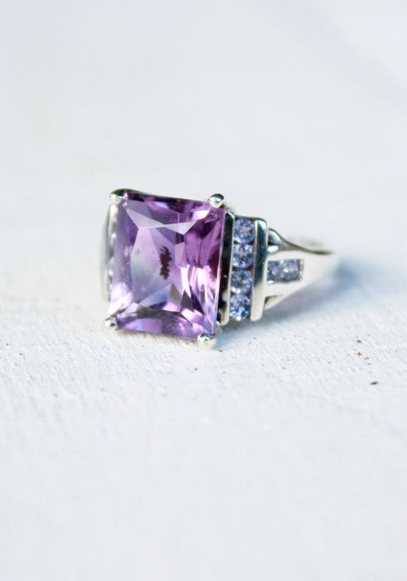 Vintage Sterling Silver Lilac Crystal Ring-Size 6 - image 1