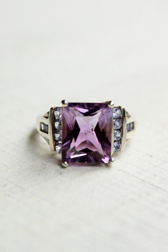 Vintage Sterling Silver Lilac Crystal Ring-Size 6 - image 5