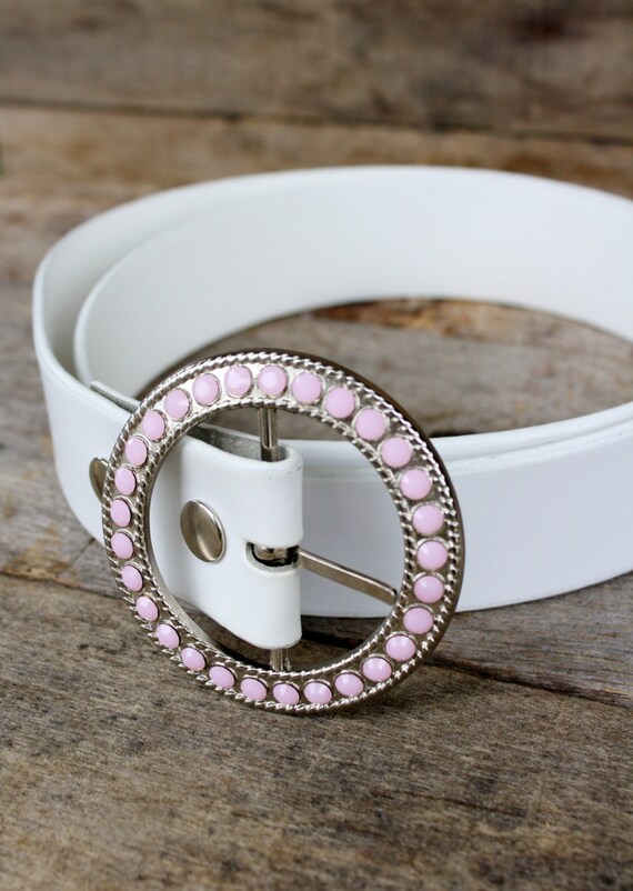 Vintage Pink Rhinestone & White Leather Belt - image 3