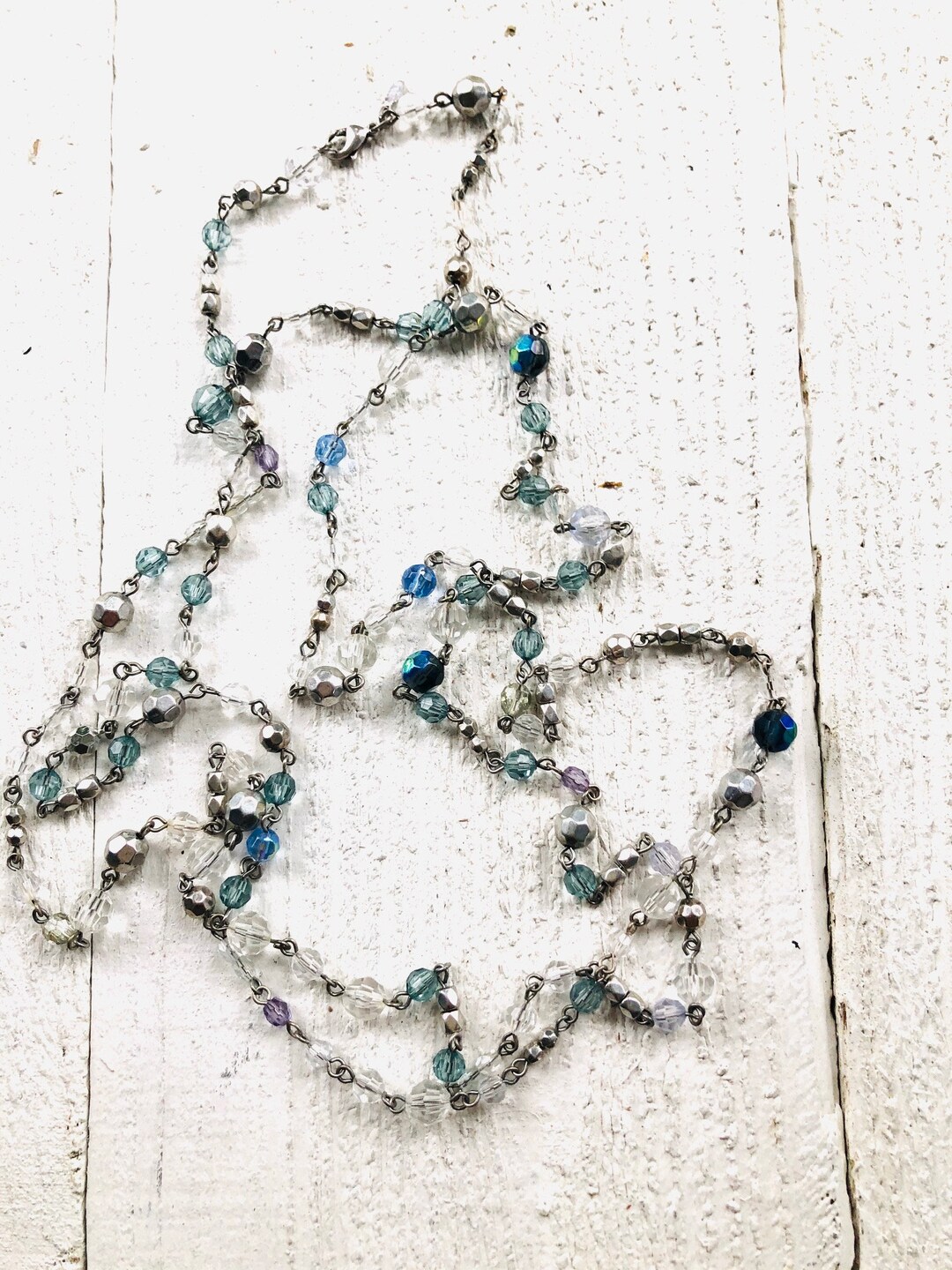 Vintage Grey and Blue Beaded Necklace - Etsy