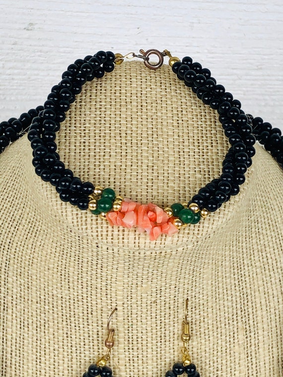 Vintage Black Floral  Beaded Jewelry Set - image 4