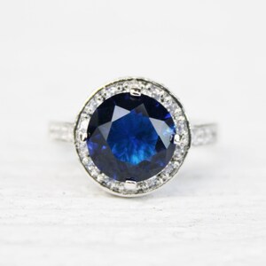 Vintage Sterling Silver & Lab Created Blue Sapphire Ring- Size 8