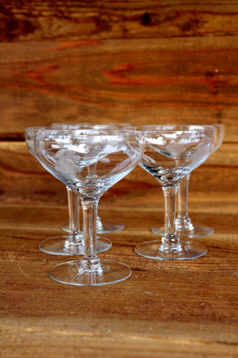 Vintage Tall Champagne Glass With Etched Grape Pattern Set of Etsy