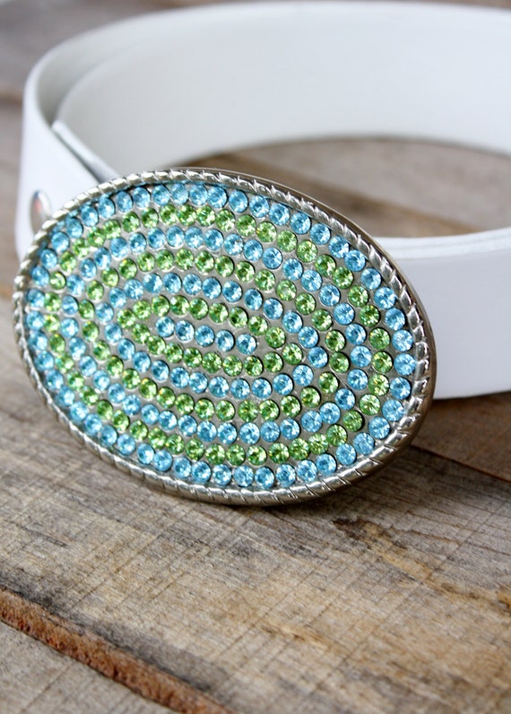 Vintage Aqua & Green Rhinestone Belt Buckle with … - image 2