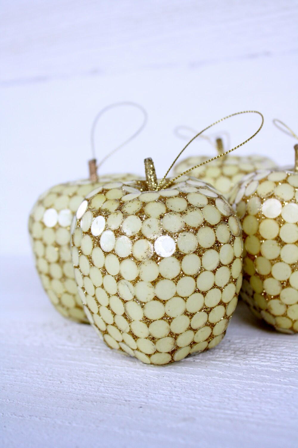 Vintage Pale Yellow & Gold Mosaic Apple Ornaments Set of Four Etsy 日本