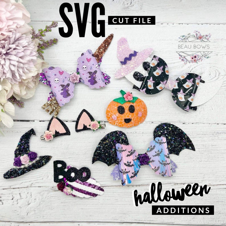 May include: A set of Halloween-themed hair bows and clips featuring a variety of designs, including a witch hat, a pumpkin, a bat, and a bow with a unicorn horn. The designs are made with glitter, fabric, and other embellishments. The text "halloween additions" is written below the items.