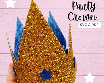 May include: Gold glitter party crown with blue felt accents and a star on top. King & Queen Party Crown SVG & PDF.