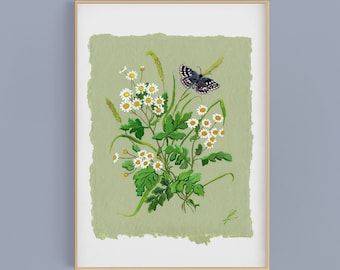 PRINT Watercolor Daisy Butterfly Painting Floral Feverfew Chamomile Wildflowers Decor Gouache Green Flower Antique Botanical Nursery Kids