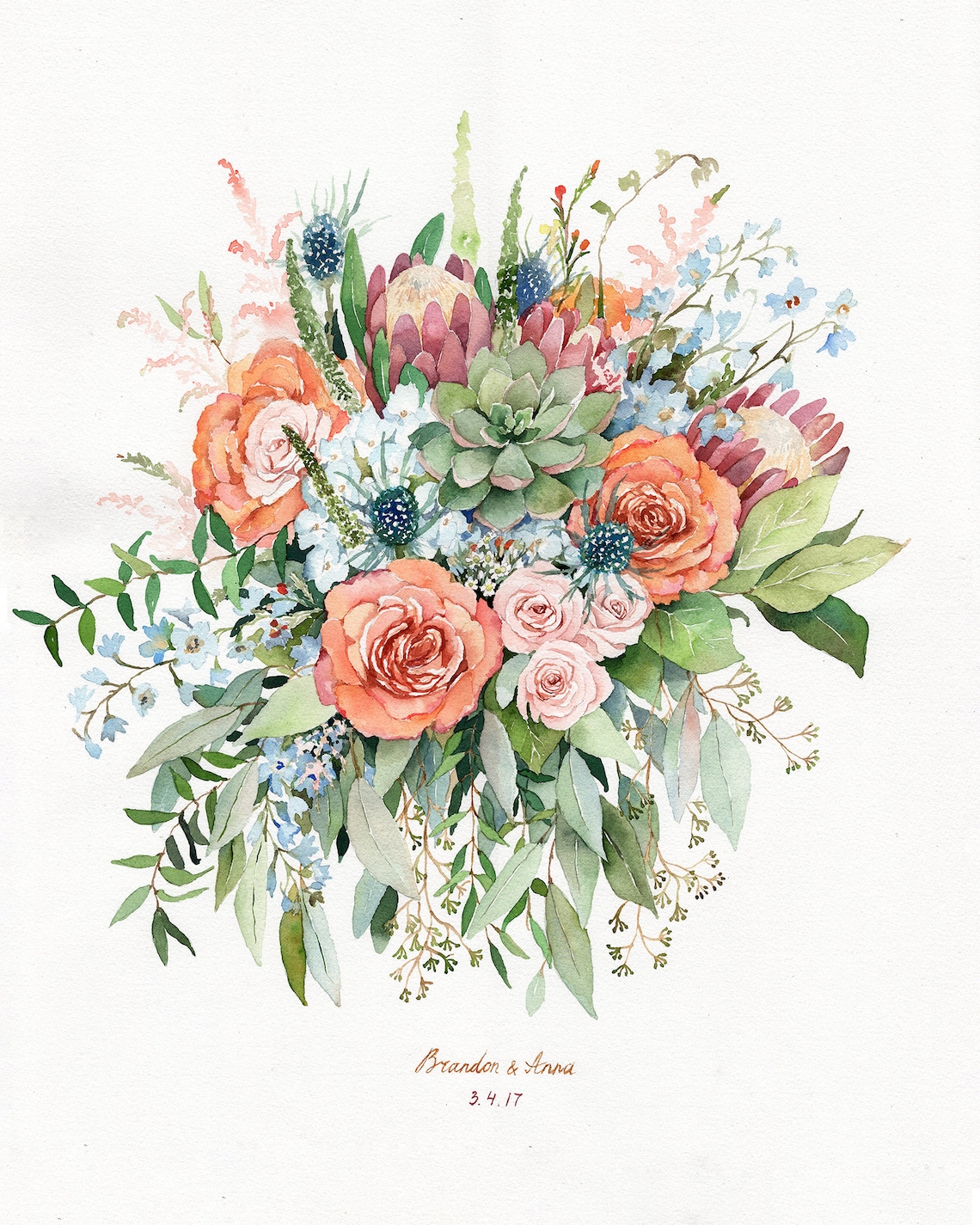 ORIGINAL Custom Wedding Bouquet Painting in Watercolor Bridal image 1