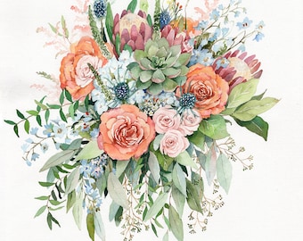 ORIGINAL Custom Wedding Bouquet Painting in Watercolor Bridal flowers portrait Anniversary gift for wife Bridesmaids Valentines romantic