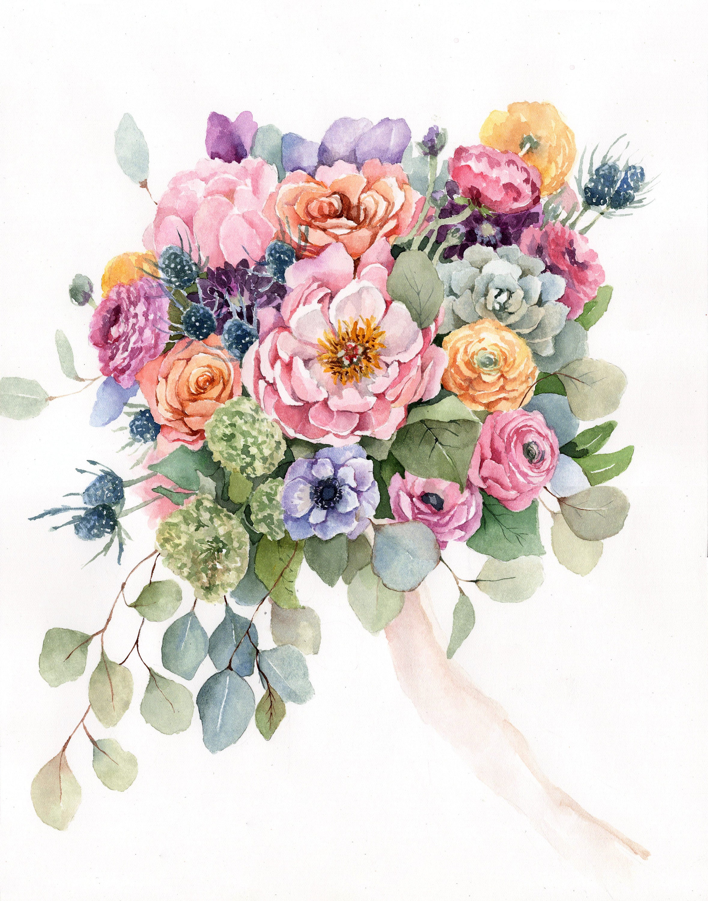 ORIGINAL Custom Bridal Bouquet Painting in Watercolor. Wedding Etsy