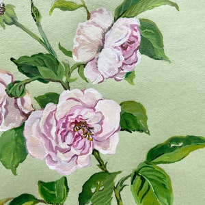 Original Watercolor Roses Painting Romantic Floral Decor Gouache Dainty Pink Green Flower Antique Botanical Nursery Kids Baby Room Artwork image 5