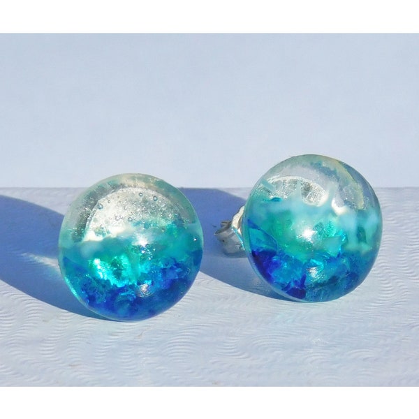 Stormy sea glass, round stud earrings