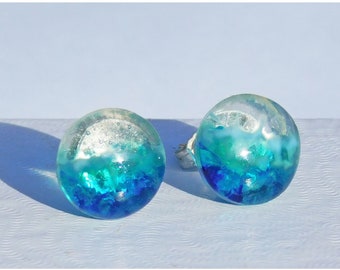 Stormy sea glass, round stud earrings