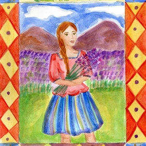 May include: A watercolor painting of a woman in a pink shirt and blue and yellow striped skirt holding a bouquet of lavender flowers. The painting is framed with a colorful border and the word "Lammas" is written at the top.
