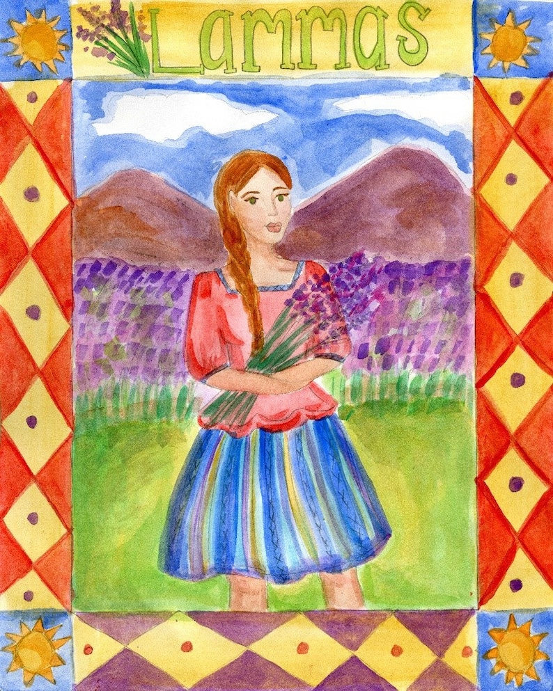 May include: A watercolor painting of a woman in a pink shirt and blue and yellow striped skirt holding a bouquet of lavender flowers. The painting is framed with a colorful border and the word "Lammas" is written at the top.