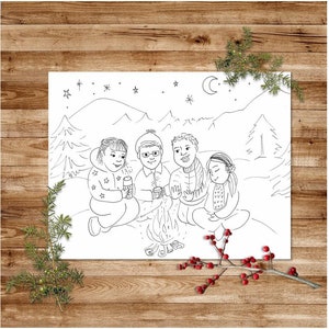 May include: A black and white line drawing of four people sitting around a campfire in a snowy landscape. The people are wearing winter clothing and holding mugs. There are stars and a crescent moon in the sky.