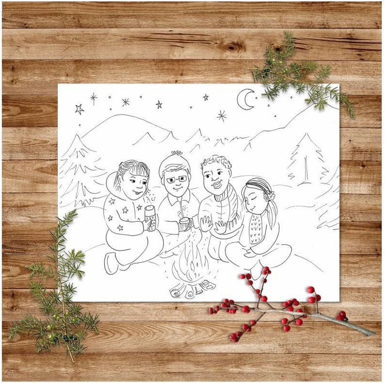 May include: A black and white line drawing of four people sitting around a campfire in a snowy landscape. The people are wearing winter clothing and holding mugs. There are stars and a crescent moon in the sky.